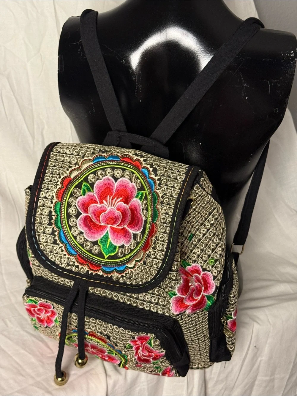 Embroidered Floral Bohemian handcrafted Drawstring Backpack - Pink/Black 12”by10